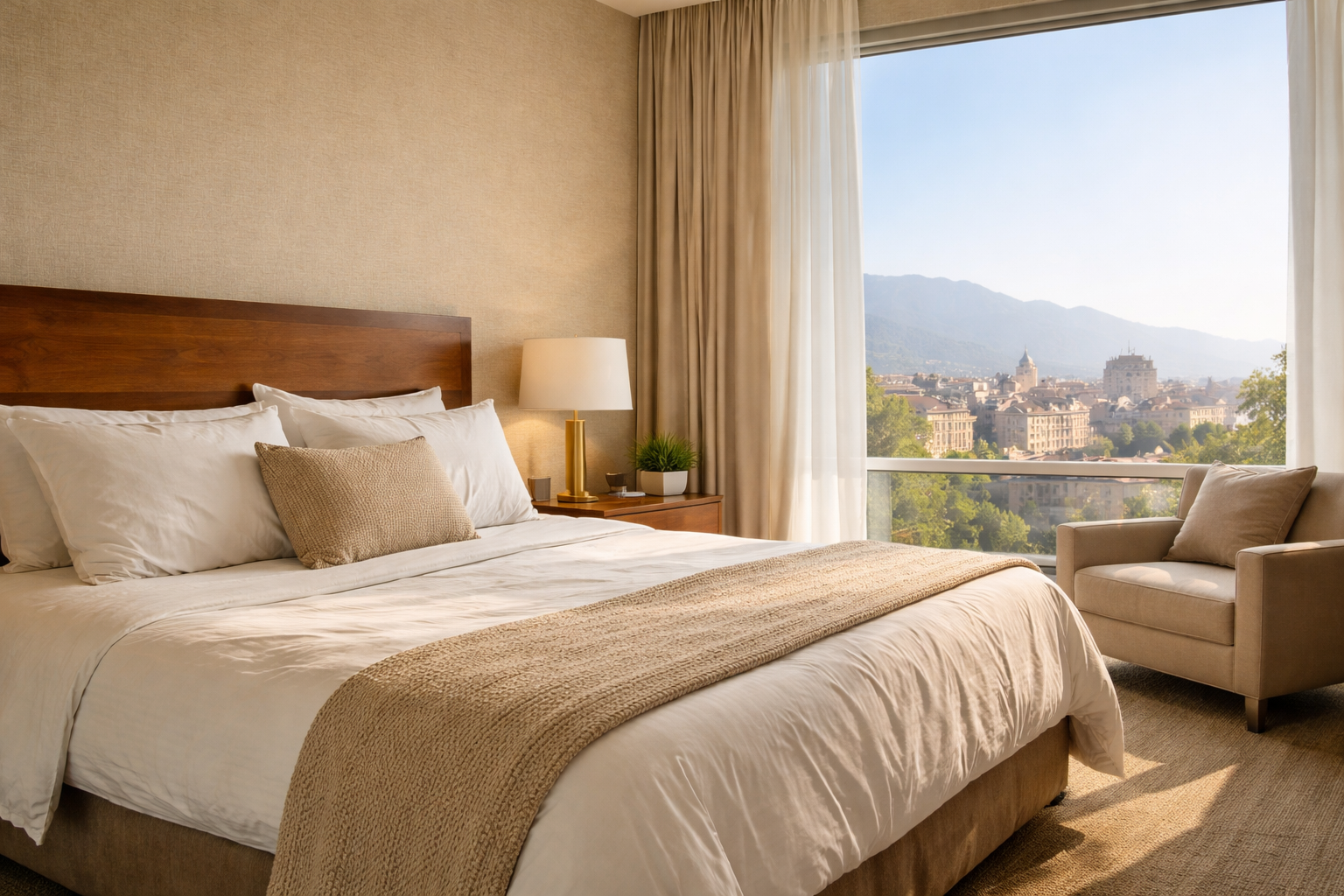 quarto de hotel confortável com cama grande e vista para a cidade iluminado por luz natural